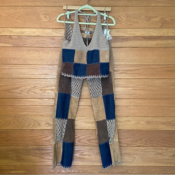 Wilsons Leather Pants - Y2K Wilson's Leather suede denim crochet patchwork halter top pants set